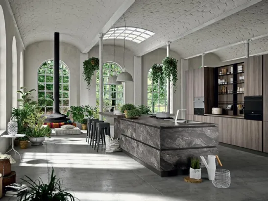 Cucina Design con isola in laminato effetto pietra e penisola in laminato effetto legno HC08 04 Minimal di Astra