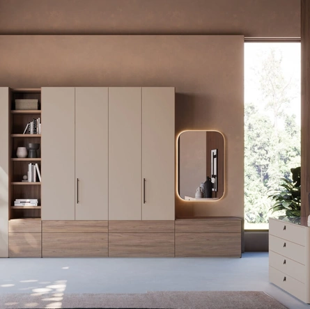Armadio ad ante battenti Liscia Night 10 in laccato opaco Ecrù e materico Noce di Orme