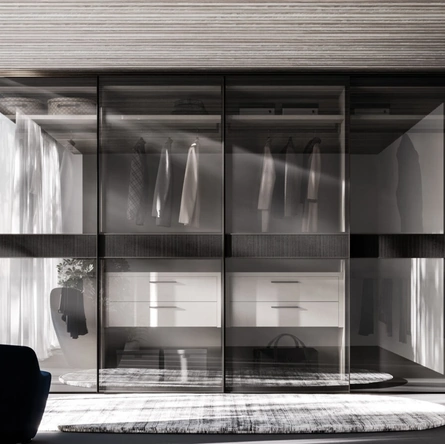 Armadio ad ante scorrevoli Frame Lateral Night 33 in vetro bronzato e melaminico Carbone Rigato di Orme