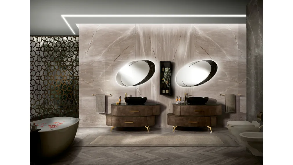 Mobile da Bagno con finitura effetto pelle, piedini e maniglie in metallo, top in vetro effetto marmo Incanto di Mobil Più