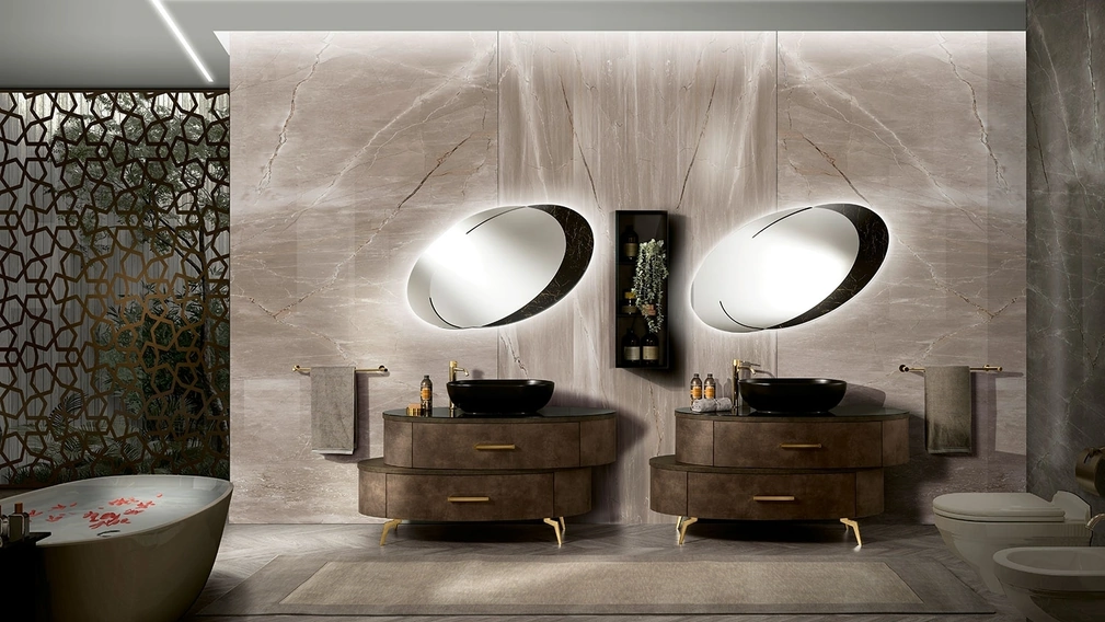 Mobile da Bagno con finitura effetto pelle, piedini e maniglie in metallo e top in vetro effetto marmo Incanto di Mobil Più