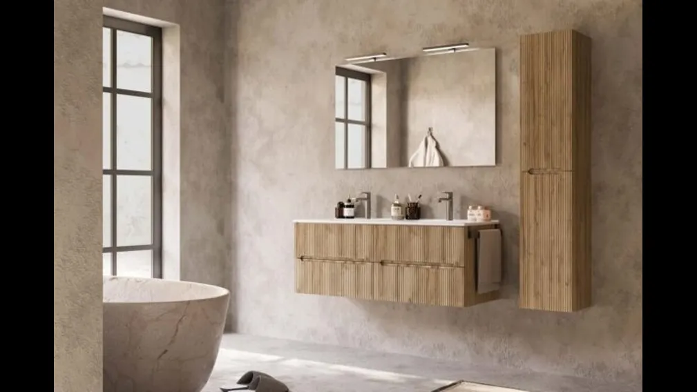Mobile da Bagno sospeso Verso 04 finitura rovere chalet di Legnobagno