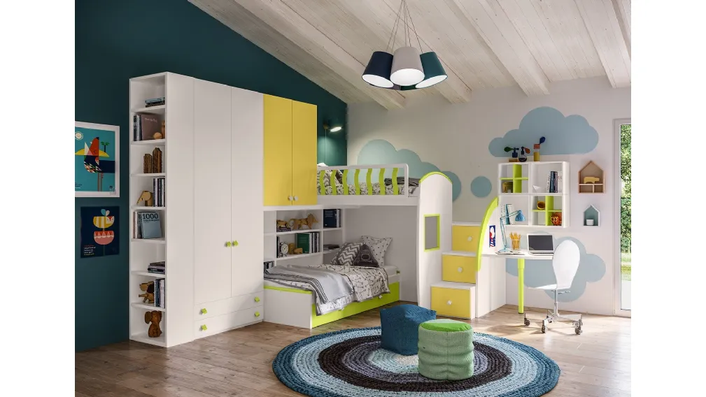 Cameretta a soppalco completa di scrivania e libreria Job CM240 di Giessegi