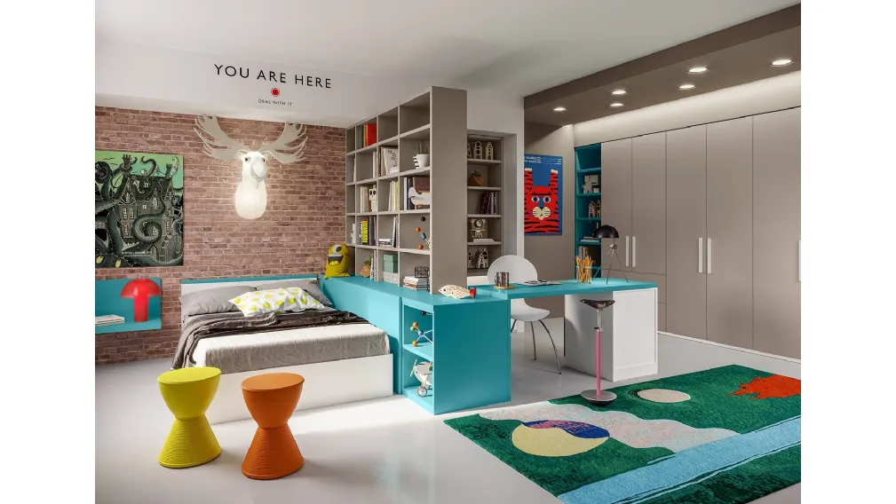 Cameretta componibile Top CM209 con libreria divisoria e scrivania di Giessegi