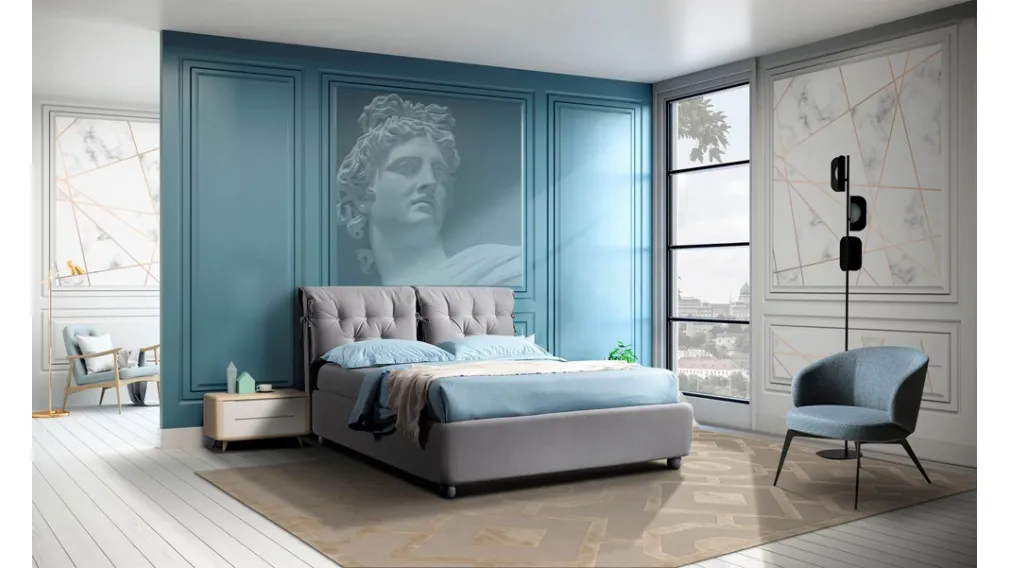Letto in tessuto grigio con testiera separata in lavorazione capitonnè Flor di Artigianaletti