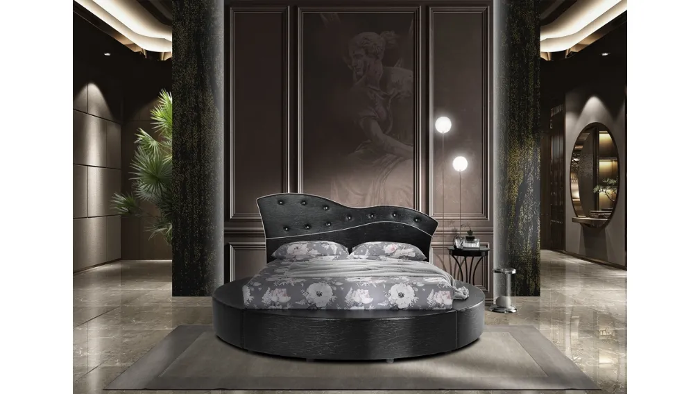 Letto rotondo in ecopelle scura e bottoni chiari Tondo di Artigianaletti