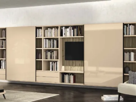 Libreria a muro Vitalyty Luce in laccato lucido e melaminico finitura legno di Colombini Casa