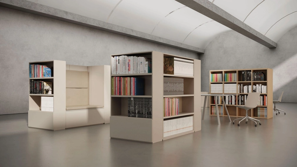 Libreria divisoria a Isola in melaminico con Seduta lettura in Ecopelle di Nardi Interni