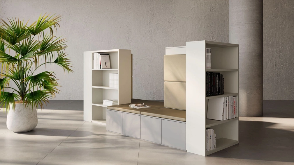 Libreria ad Isola in melaminico con Seduta e vani a giorno di Nardi Interni