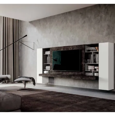 Parete Attrezzata sospesa Mito QSM625 finitura Bianco opaco, Grigio seta e Legno bruciato di Imab