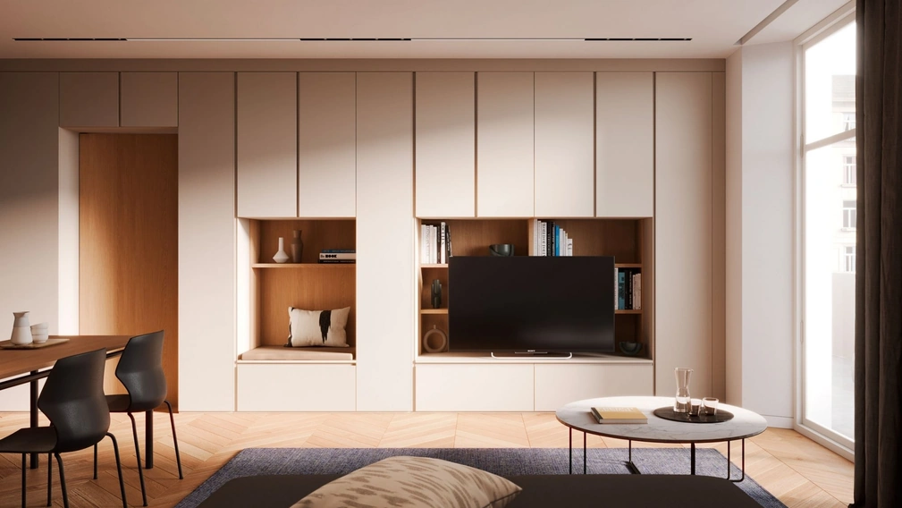 Parete Attrezzata Living in melaminico Bianco e Rovere Modul Box di Nardi Interni