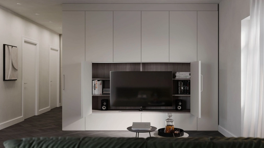 Parete Attrezzata Living Seta con vano tv a scomparsa Modul Box di Nardi Interni