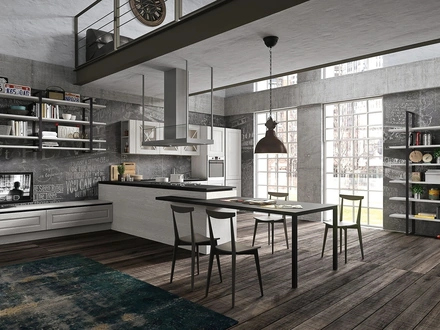 Cucina Classica  con penisola Bellagio in legno laccato Bianco Ghiaccio decapé di Aran