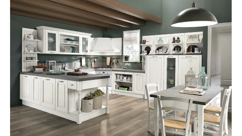 Cucina Classica con penisola Opera 01 in legno naturale Bianco di Colombini Casa Artec