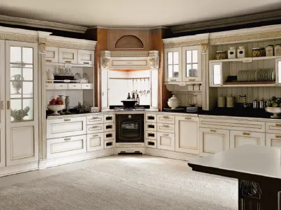 Cucina Classica Imperial Emotion angolare in patinato Bianco Canapa con decorazione oro di Aran
