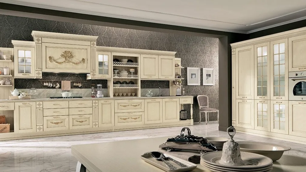 Cucina Classica ad angolo Opera 05 in legno naturale Avorio Gold di Colombini Casa Artec