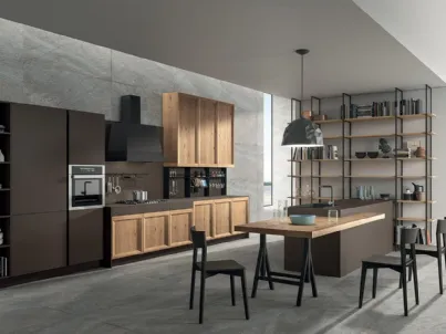 Cucina Design con isola Atelier 01 in legno di Rovere nodato e laccato opaco Cacao di Astra