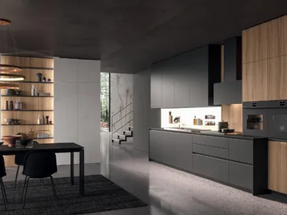 Cucina Design lineare HC08 03 in laminato Fenix Nero e impiallacciato Olmo naturale di Astra