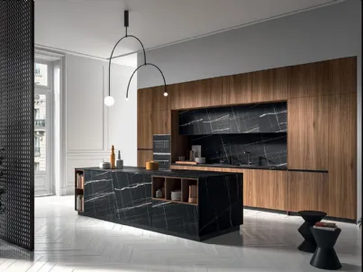 Cucina Design con isola HC08 04 in legno impiallacciato Noce Canaletto e laminato effetto Marmo di Astra