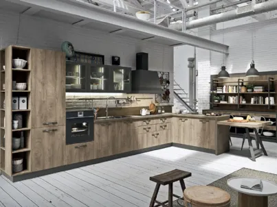Cucina Design angolare con penisola Industrial Kitchen 01 in laminato finitura effetto legno Wild Dakota di Astra