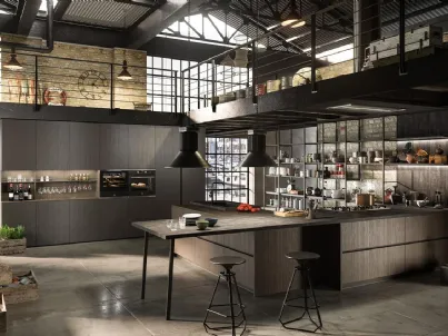 Cucina Design angolare con penisola Industrial Kitchen 03 in laminato finitura effetto legno Wild Brown di Astra