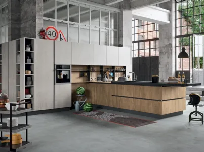 Cucina Design Industrial Kitchen 06 in laminato effetto legno Wild Louisiana e finitura effetto Cemento di Astra