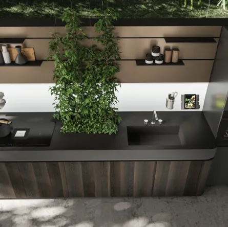 Cucina Design Oasi lineare in Rovere fossile con pianta inserita nel top di Aran