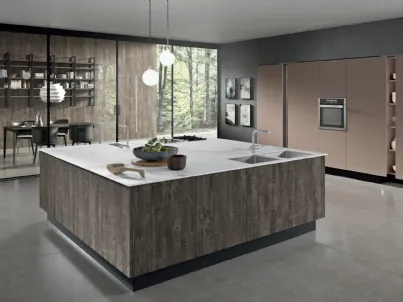 Cucina Design a isola centrale Penelope in HPL corteccia e piano in grès statuario bianco di Aran