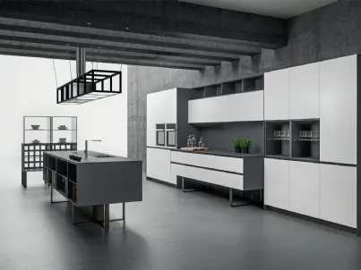 Cucina Design Sipario con isola in Fenix Grigio Bromo e Bianco Alaska di Aran