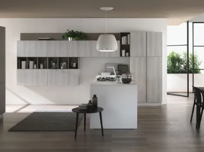 Cucina Moderna con penisola Agorà finitura Bianco Stone e laccato Fango opaco di Evo Cucine