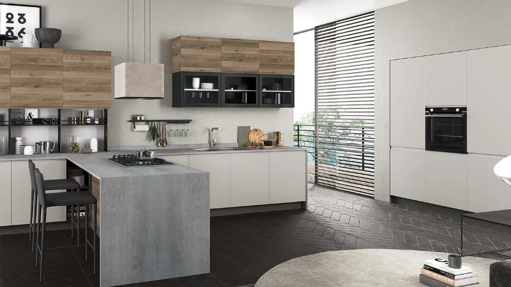 Cucina Moderne con penisola Aria in legno laccato di Evo Cucine
