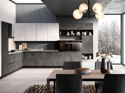 Cucina Moderna angolare Aurora finitura Cemento Bianco e Grigio scuro di Evo Cucine