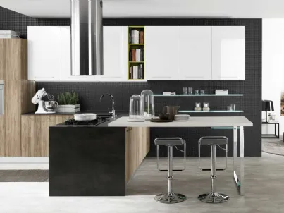 Cucina Moderna con penisola Aurora finitura Rovere Moka e laccato Bianco lucido di Evo Cucine
