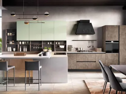 Cucina Moderna Aurora finitura Tessuto Moka e Verde chiaro opaco di Evo Cucine