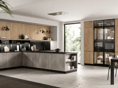 Cucina Moderna con penisola Pura in nobilitato finitura Cemento e Royal Oak di Colombini Casa Artec