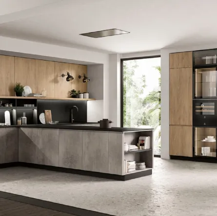 Cucina Moderna con penisola Pura in nobilitato finitura Cemento e Royal Oak di Colombini Casa Artec