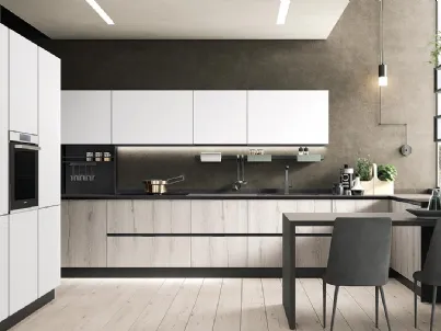 Cucina Moderna con penisola Diva in laminato Rovere Grigio e Pet Bianco opaco di Evo Cucine