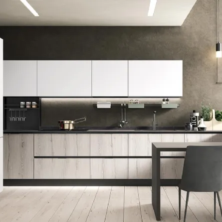 Cucina Moderna con penisola Diva in laminato Rovere Grigio e Pet Bianco opaco di Evo Cucine