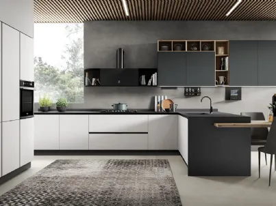 Cucina Moderna con penisola Diva in laminato Rovere Polare e Pet finitura Antracite opaco di Evo Cucine