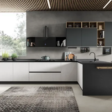 Cucina Moderna con penisola Diva in laminato Rovere Polare e Pet finitura Antracite opaco di Evo Cucine