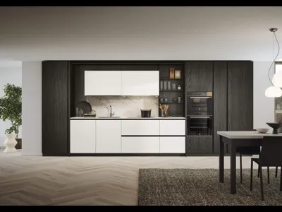 Cucina Moderna lineare Domino Composizione 03 in laminato bianco e melaminico rovere dark di Prima Cucine