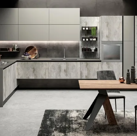 Cucina Moderna con penisola Eos in HPL Papier Cemento e Glass Tortora di Evo Cucine