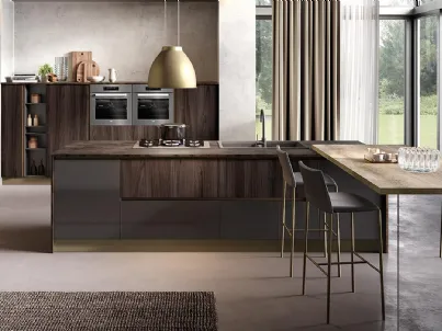 Cucina Moderna con isola Futura in melaminico finitura Antracite lucido e Rovere scuro di Evo Cucine