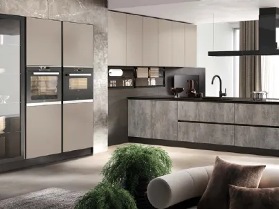 Cucina Moderna con penisola Futura in melaminico finitura Pietra Grigio e Fango opaco di Evo Cucine