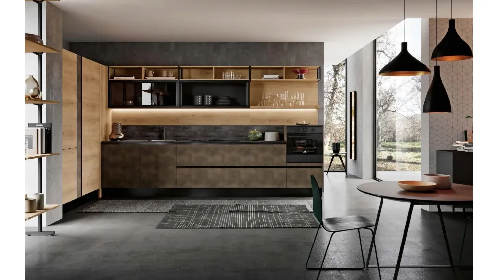 Cucina Moderna lineare in laminato effetto Ossido Brunito e Rovere decapato Panarea DM0657 di Imab