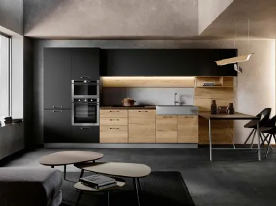 Cucina Moderna in melaminico Rovere chiaro e laccato Nero opaco con penisola Piana Caprera DM0667 di Imab