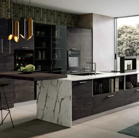 Cucina Moderna con penisola in melaminico Legno bruciato e HPL effetto marmo Piana DM0656 di Imab