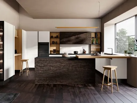 Cucina Moderna angolare con penisola in Bianco lucido, melaminico Legno bruciato e Rovere decapato con top in laminato Fenix Piana Tropea DM0684 di Imab