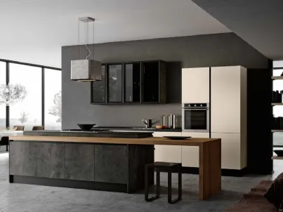 Cucina Moderna con isola in laminato Ardesia scura e laccato Orzo opaco Stea di Imab