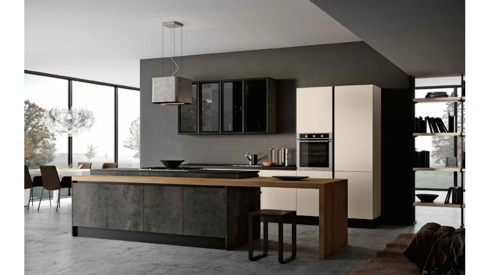 Cucina Moderna con isola in laminato Ardesia scura e laccato Orzo opaco Stea di Imab